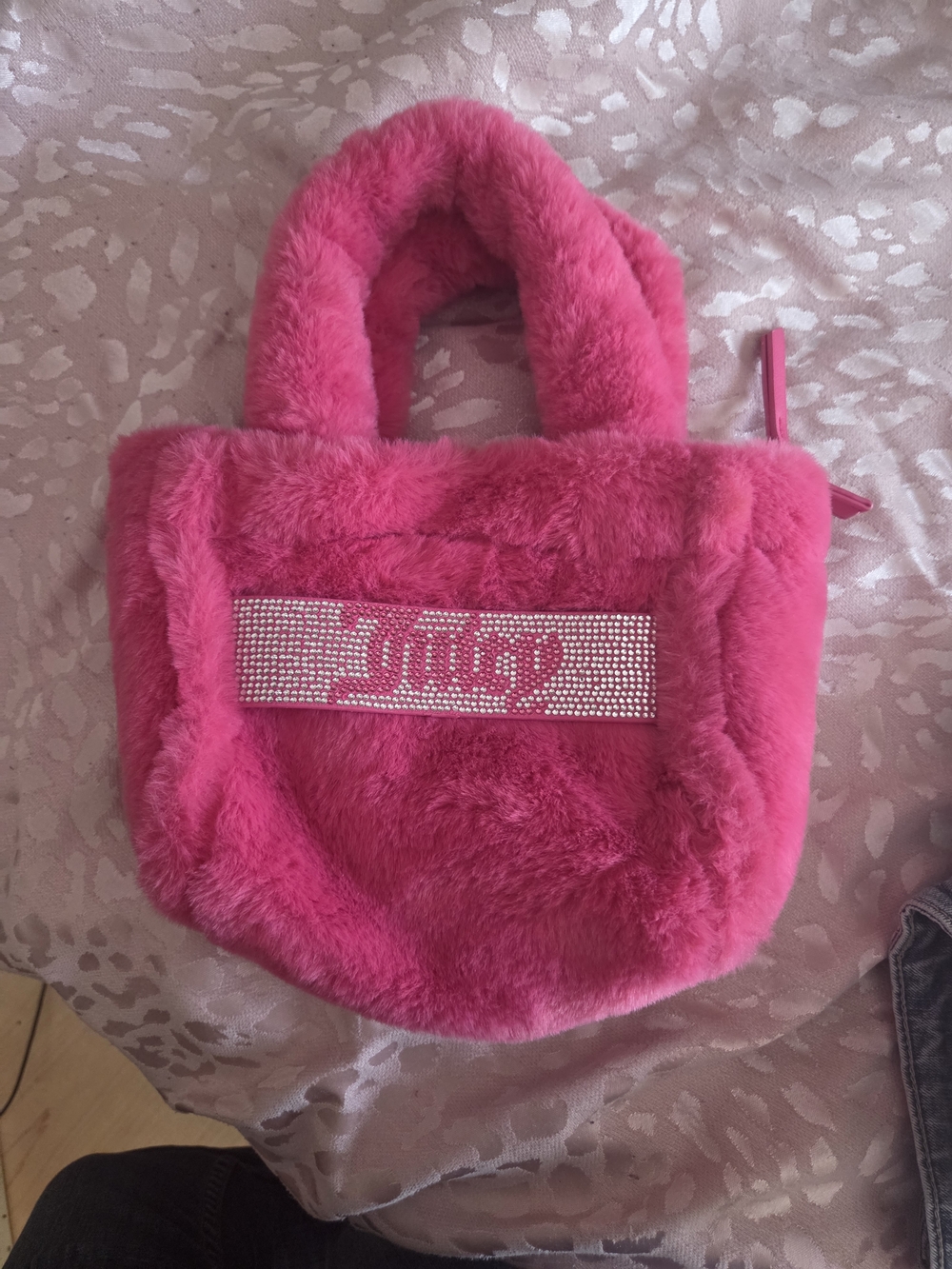 Juicy Couture Bright Pink Faux Fur Crystal Logo Tote